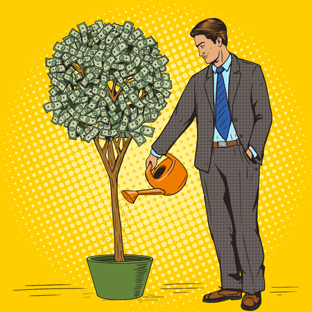 Businessman water money tree pop art style vector illustration. Human illustration. Comic book style imitation. Vintage retro style. Conceptual illustrationのイラスト素材