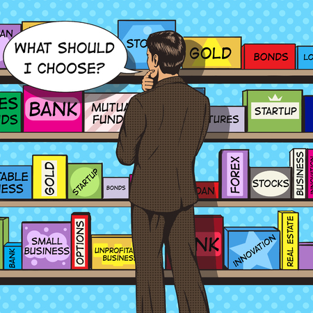 Businessman chooses investment pop art style vector illustration. Man in shop. Human illustration. Comic book style imitation. Vintage retro style. Conceptual illustrationのイラスト素材
