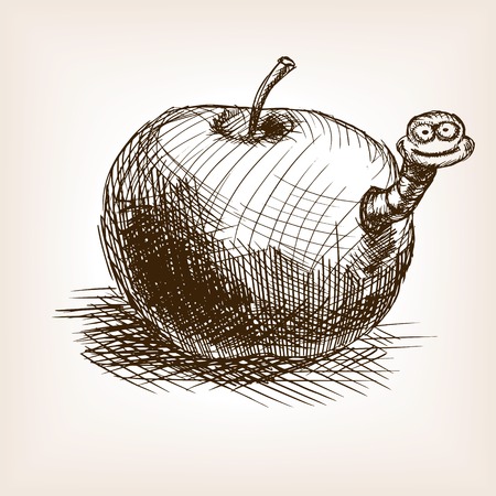 Apple fruit with worm sketch style vector illustration. Old engraving imitation. Apple fruit and worm hand drawn sketch imitationのイラスト素材