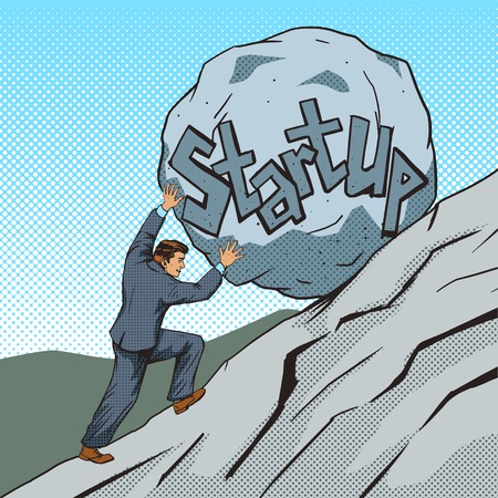 Businessman pushing a stone uphill pop art style vector illustration. Human illustration. Comic book style imitation. Vintage retro style. Conceptual illustrationのイラスト素材