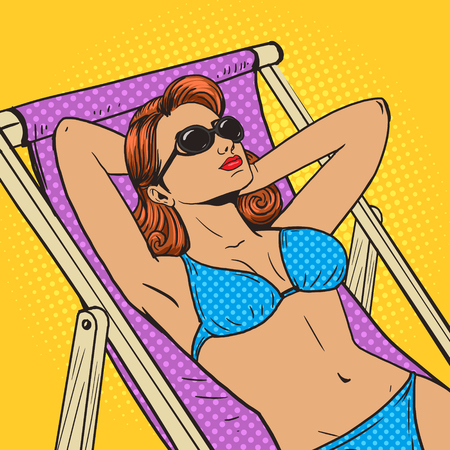 Woman sunbathing on the beach pop art style vector illustration. Comic book style imitation. Vintage retro style. Conceptual illustrationのイラスト素材