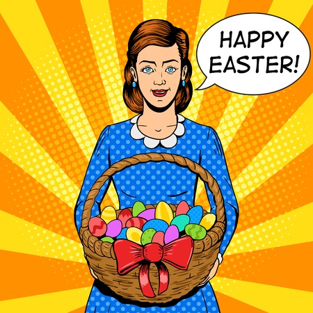Woman with easter eggs pop art style vector illustration. Comic book style imitation. Vintage retro style. Conceptual illustrationのイラスト素材