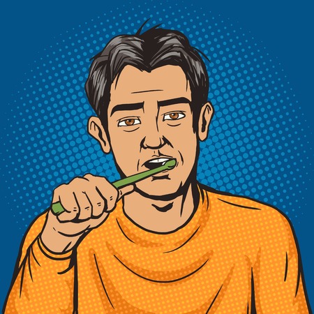 Man brushing his teeth in the morning pop art style vector. Human illustration. Comic book style imitation. Vintage retro style. Conceptual illustrationのイラスト素材