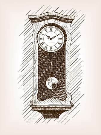 Old clock with pendulum sketch style illustration. Old engraving imitation. Old clock  sketch imitationのイラスト素材