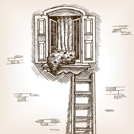 Open window and ladder near house sketch style illustration. Old engraving imitation. Open window in house wall hand drawn sketch imitationのイラスト素材