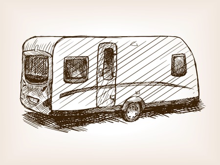 Travel trailer sketch style illustration. Old engraving imitation. Vintage travel trailer hand drawn sketch imitationのイラスト素材
