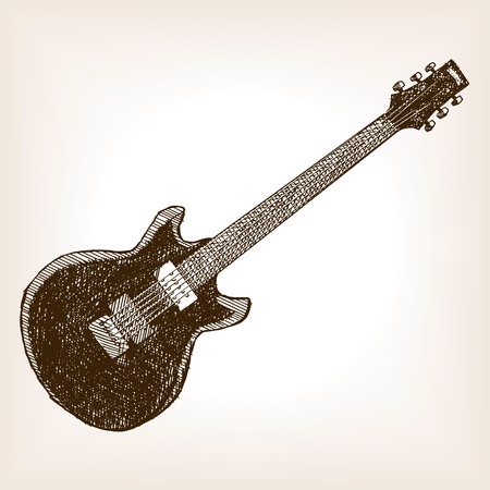 Electric guitar style illustration. Old engraving imitation. Musical instrument hand drawn sketch imitationのイラスト素材