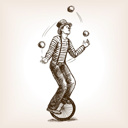 Juggler man on retro vintage old unicycle sketch style illustration. Old hand drawn engraving imitation. Juggler circus on a unicycleのイラスト素材