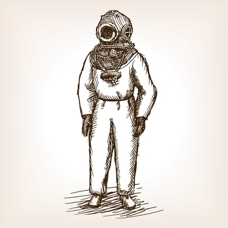 Vintage diver man with diving dress sketch style illustration. Old hand drawn engraving imitation. Vintage antique diverのイラスト素材