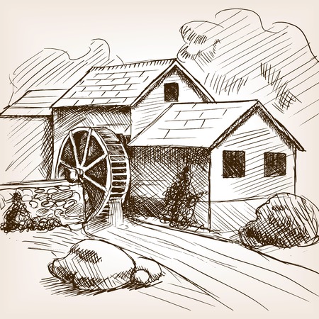 Water mill sketch style illustration. Old engraving imitation. Water mill hand drawn sketch imitationのイラスト素材