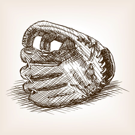 Baseball glove sketch style illustration. Old engraving imitation. American baseball glove hand drawn sketch imitationのイラスト素材