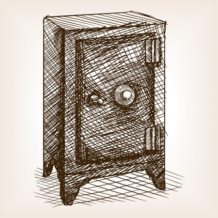 Vintage safe sketch style vector illustration. Old engraving imitation. Vintage safe metal box hand drawn sketch imitationのイラスト素材