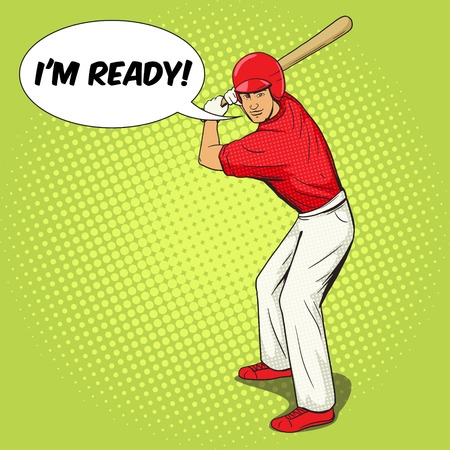 Baseball player with bat pop art style vector illustration. Human illustration. Comic book style imitation. Vintage retro style. Conceptual illustrationのイラスト素材
