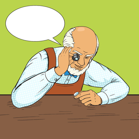 Jeweller exploring gem pop art style vector illustration. Human illustration. Comic book style imitation. Vintage retro style. Conceptual illustrationのイラスト素材