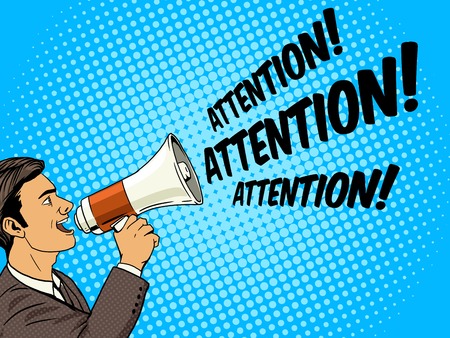 Businessman with megaphone pop art style vector illustration. Human illustration. Comic book style imitation. Vintage retro style. Conceptual illustrationのイラスト素材