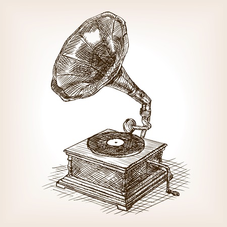 Gramophone sketch style illustration. Old  engraving imitation. Vintage object illustrationのイラスト素材