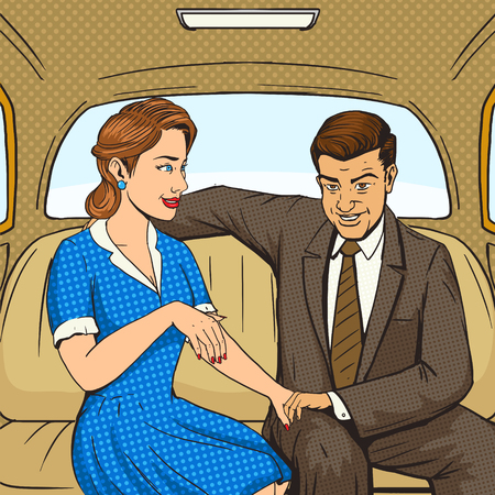 Married couple talking in taxi pop art style illustration. Human illustration. Comic book style imitation. Vintage retro style. Conceptual illustrationのイラスト素材