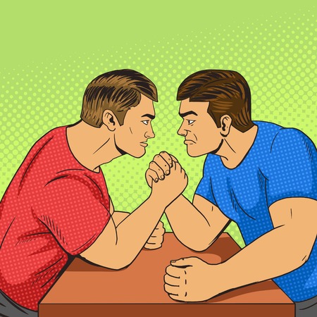 Armwrestling competition pop art style vector illustration. Human illustration. Comic book style imitation. Vintage retro style. Conceptual illustrationのイラスト素材