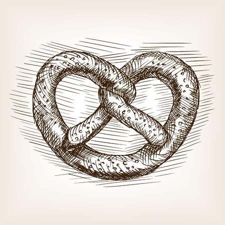 Pretzel hand drawn sketch style vector illustration.  Old hand drawn engraving imitation. Vintage object illustration. Retro style.のイラスト素材