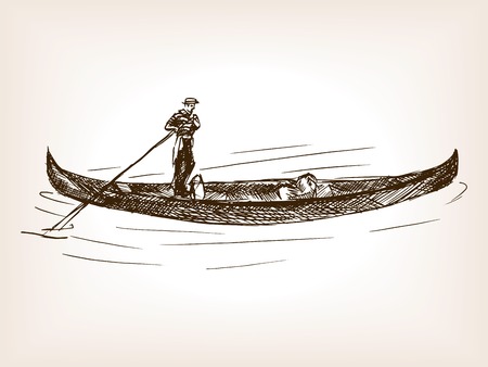 Venetian gondola vehicle sketch style vector illustration. Old engraving imitation. Vintage gondola hand drawn sketch imitationのイラスト素材