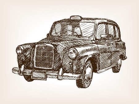 Retro London taxi cab vehicle sketch style vector illustration. Old engraving imitation. Vintage taxi hand drawn sketch imitationのイラスト素材