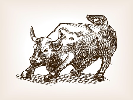 Bull statue sketch style vector illustration. Old engraving imitation. Bull statue landmark hand drawn sketch imitationのイラスト素材