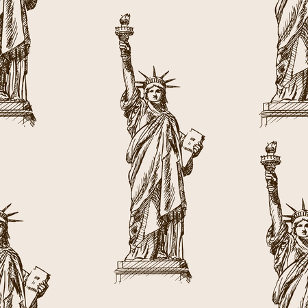 Statue of Liberty sketch style seamless pattern vector illustration. Old engraving imitation. Statue of Liberty landmark hand drawn sketch imitationのイラスト素材