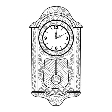 Pendulum clock coloring book for adults vector illustration. Anti-stress coloring for adult. Zentangle style. Black and white lines. Lace patternのイラスト素材
