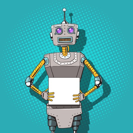 Robot with ads  pop art style vector illustration. Robot illustration. Comic book style imitation. Vintage retro style robot. Conceptual illustrationのイラスト素材
