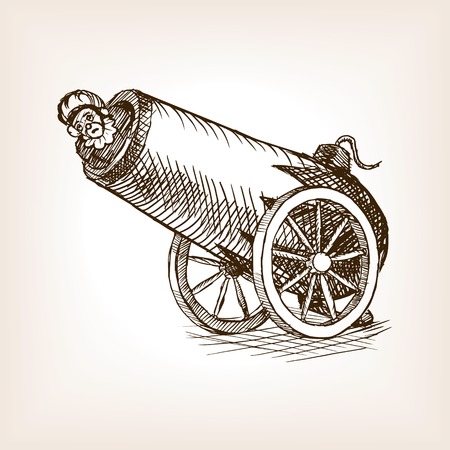 Circus human cannon sketch style vector illustration. Old hand drawn engraving imitation. Cannon with human on circusのイラスト素材