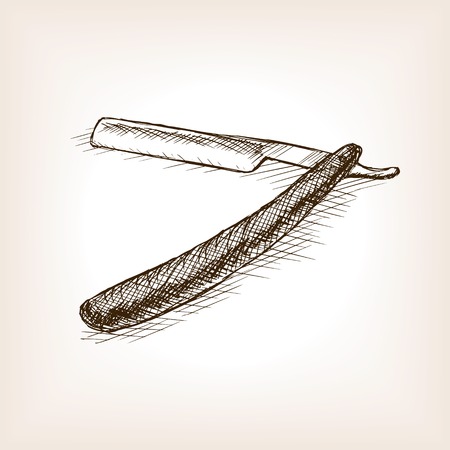 Straight razor sketch style vector illustration. Old hand drawn engraving imitation. Straight razor.のイラスト素材