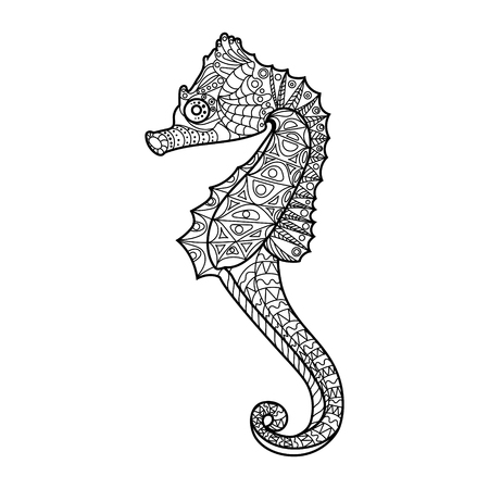 Sea horse coloring book for adults vector illustration. Anti-stress coloring for adult.  Black and white lines. Lace patternのイラスト素材