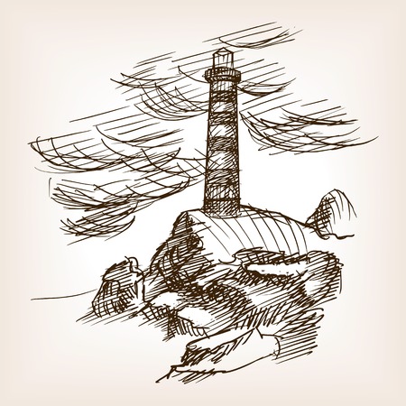 Lighthouse building sketch style vector illustration. Old engraving imitation.のイラスト素材