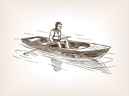 Man in boat sketch style vector illustration. Old hand drawn engraving imitation.のイラスト素材