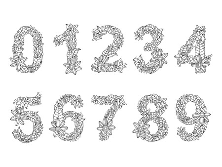 Floral font numbers coloring book for adults vector illustration.のイラスト素材