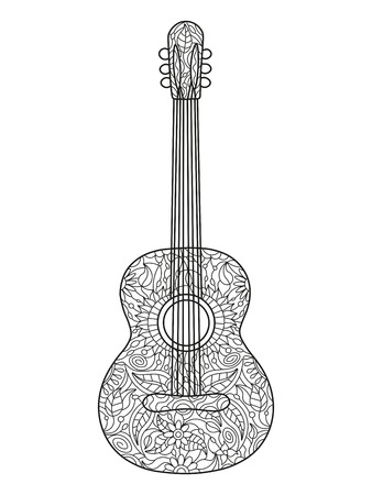 Acoustic guitar coloring book for adults vector illustration. Black and white lines. Lace patternのイラスト素材