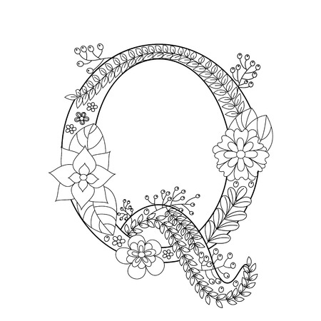 Floral alphabet letter coloring book for adults vector illustration.のイラスト素材