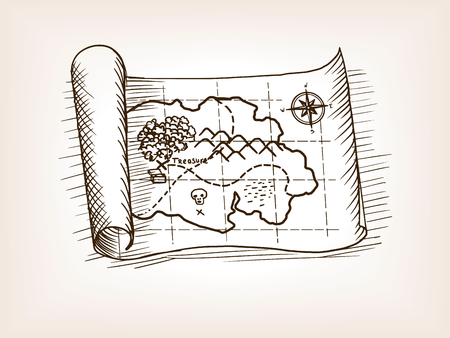 Treasure map sketch style vector illustration. Old engraving imitation.のイラスト素材