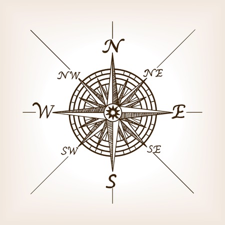 Compass rose sketch style vector illustration. Old engraving imitation.のイラスト素材