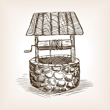 Rustic well sketch style vector illustration. Old engraving imitation.のイラスト素材