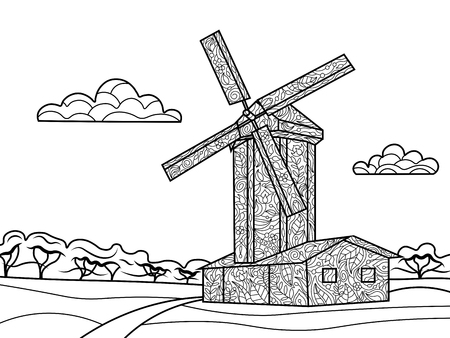 Wind mill coloring book for adults vector illustration. Black and white lines. Lace patternのイラスト素材