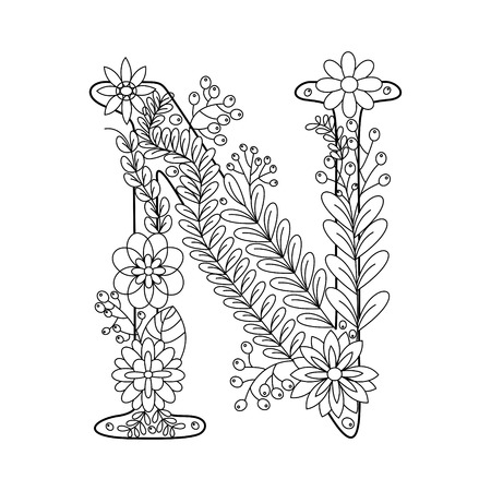 Floral alphabet letter coloring book for adults vector illustration.のイラスト素材