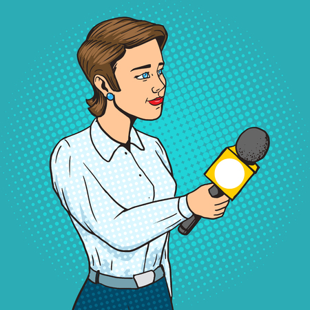 Woman reporter with microphone cartoon pop art vector illustration. Human comic book vintage retro style.のイラスト素材
