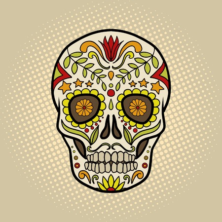 Human skull with patterns cartoon pop art vector illustration. Conceptual vintage retro style. Mexican Day of the Dead attributeのイラスト素材