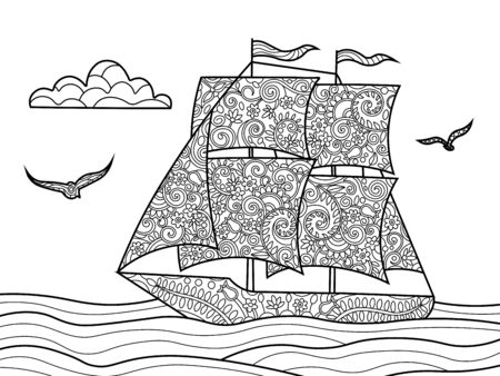 Sailing ship coloring book for adults vector illustration. Black and white lines. Lace patternのイラスト素材