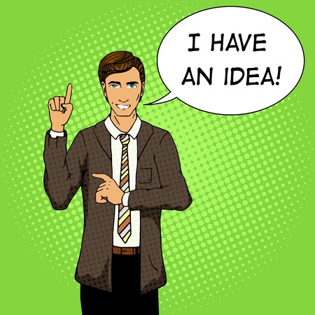 Businessman with idea. Cartoon pop art vector illustration. Human comic book vintage retro style.のイラスト素材