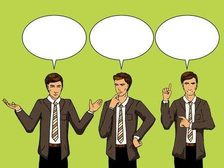 Businessman thinking. Cartoon pop art vector illustration. Human comic book vintage retro style.のイラスト素材