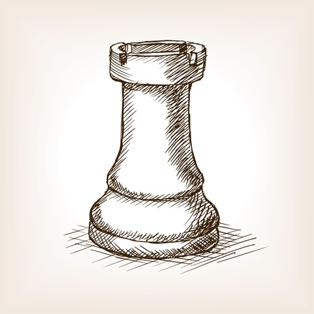 Rook chess piece sketch style vector illustration. Old engraving imitation.のイラスト素材