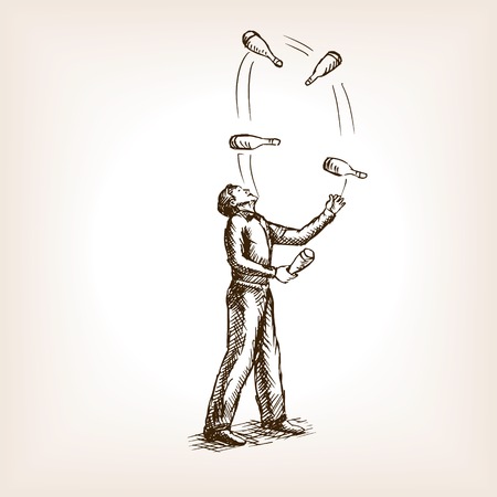 Juggler man sketch style vector illustration. Old hand drawn engraving imitation.のイラスト素材