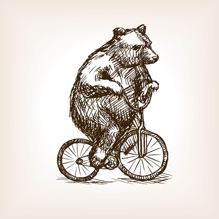 Circus bear on bicycle sketch style vector illustration. Old engraving imitation.のイラスト素材